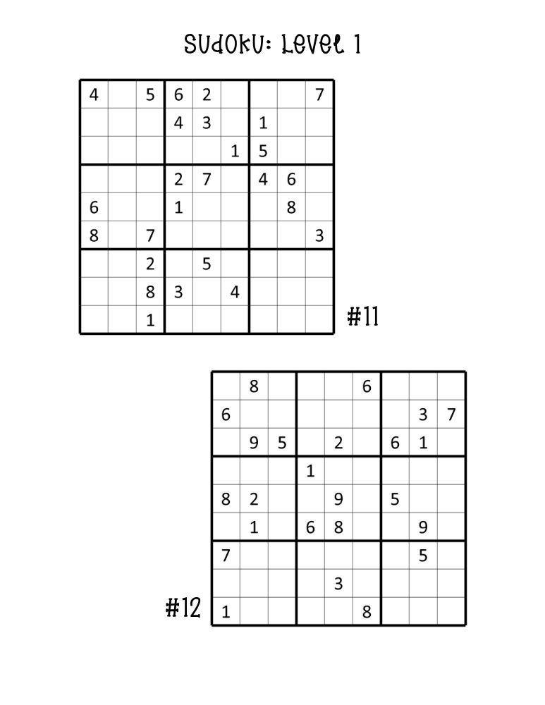 simple easy sudoku puzzles, 2 puzzles on one page, kids and adult brain workout, PDF, instant download