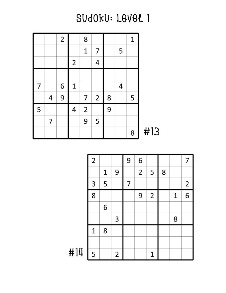easy sudoku puzzles page, two beginner-level number grids, travel activity sheet, PDF, instant download