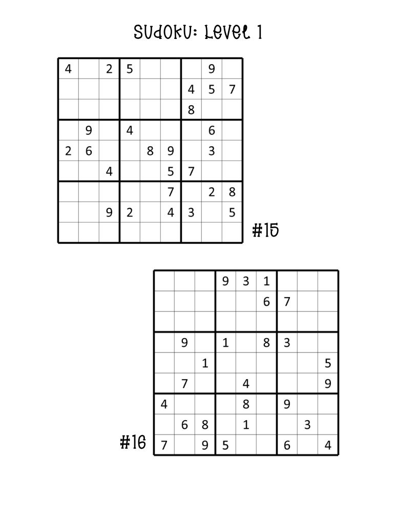 printable easy sudoku puzzles, two smaller logic puzzles per page, homeschool math extra, PDF, instant download