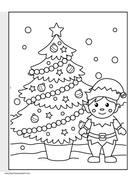 christmas elf beside a christmas tree coloring page