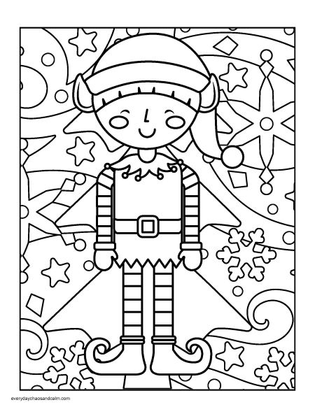 christmas elf in front of winter background coloring page