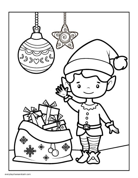 christmas elf with santa's bag and christmas ornaments coloring page