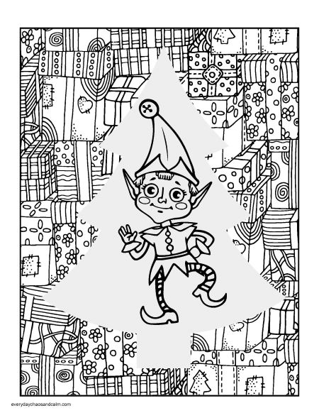christmas elf with lots of gifts in the background coloring page