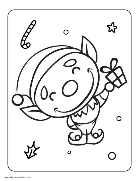 christmas elf with gift coloring page