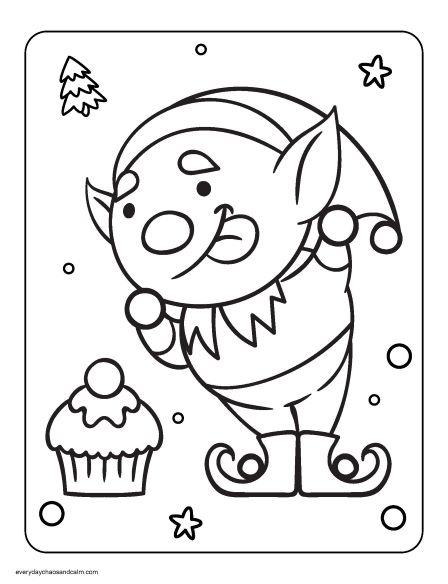 christmas elf with cupcake coloring page