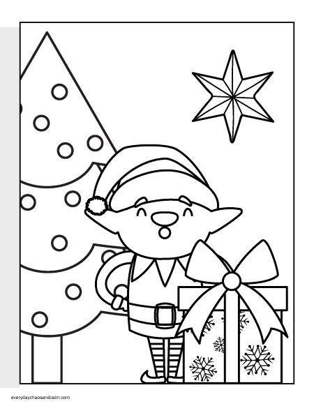 christmas elf with tree and presents coloring page