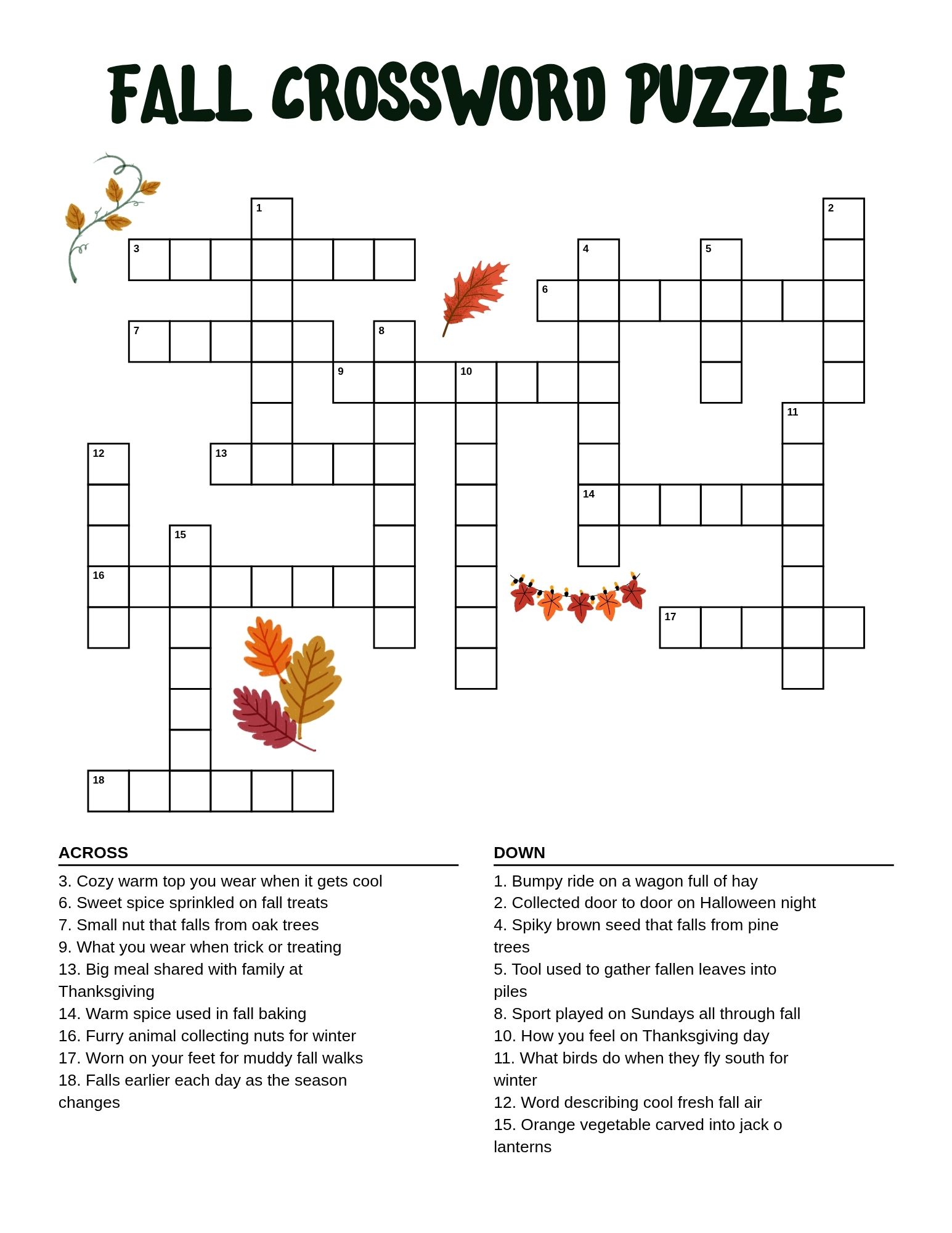 fall crossword puzzles, seasonal word game for kids, printable autumn activity sheet, PDF, instant download