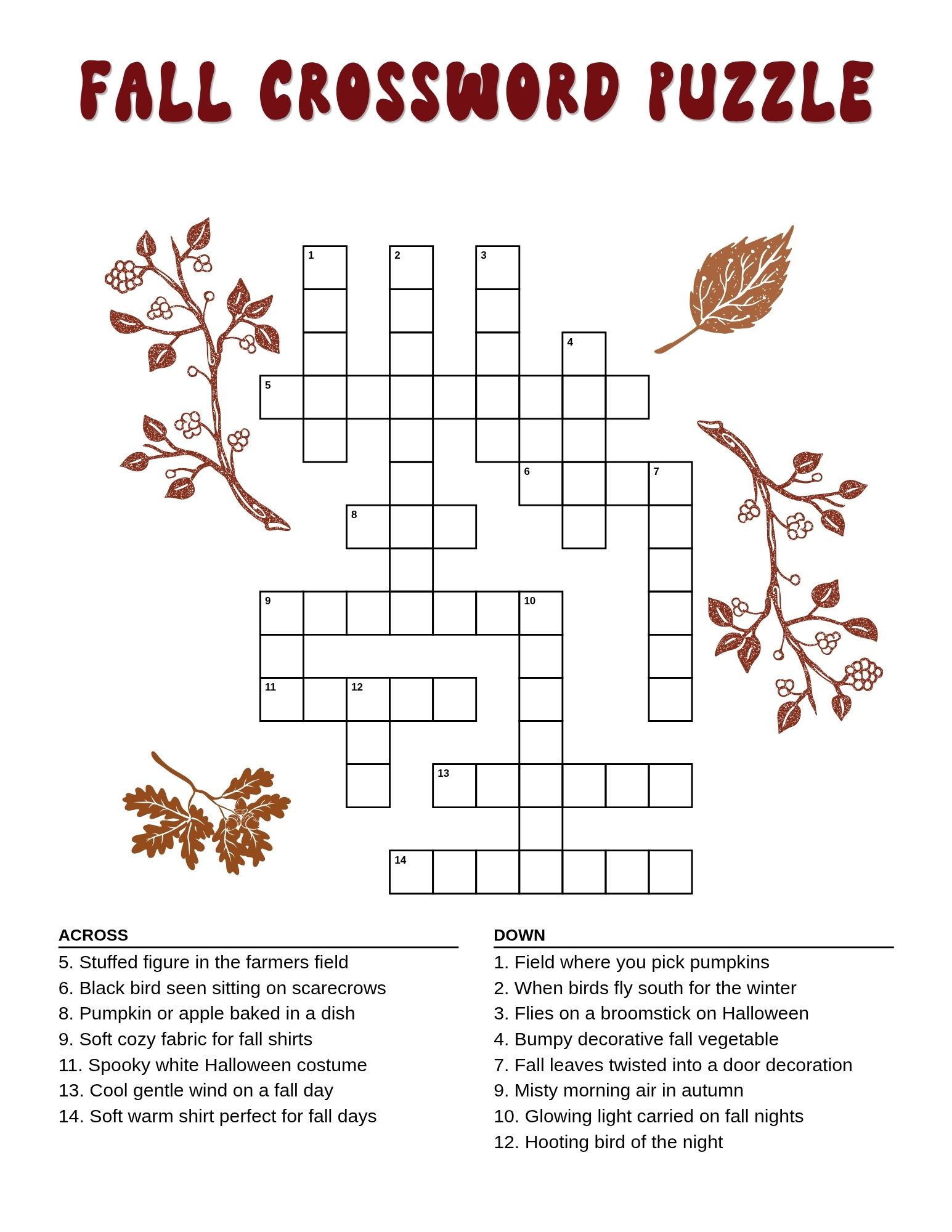 autumn crossword puzzles, printable seasonal vocabulary worksheet, classroom autumn word game, PDF, instant download