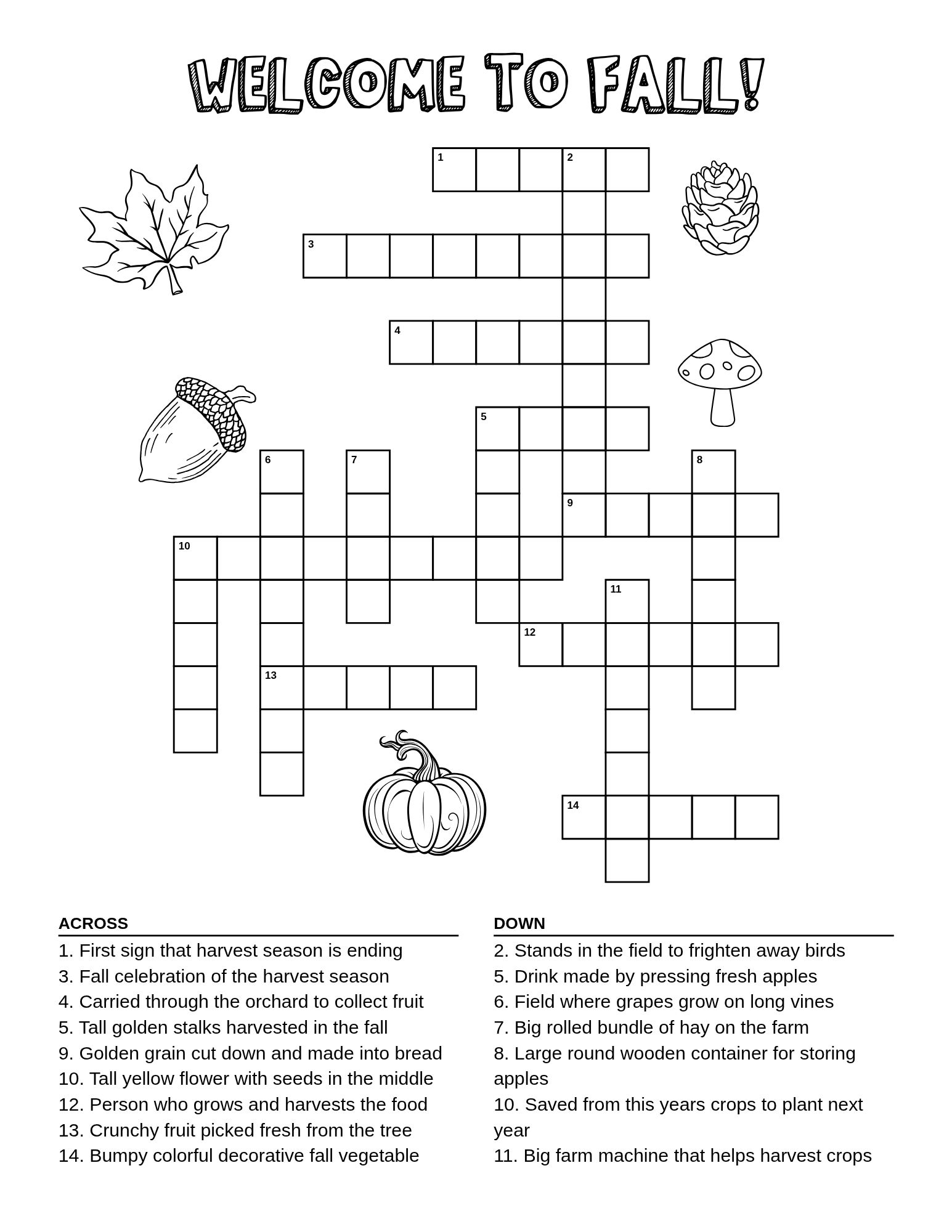 printable fall crossword puzzles, fun autumn activity sheet for children, homeschool literacy printable, PDF, instant download