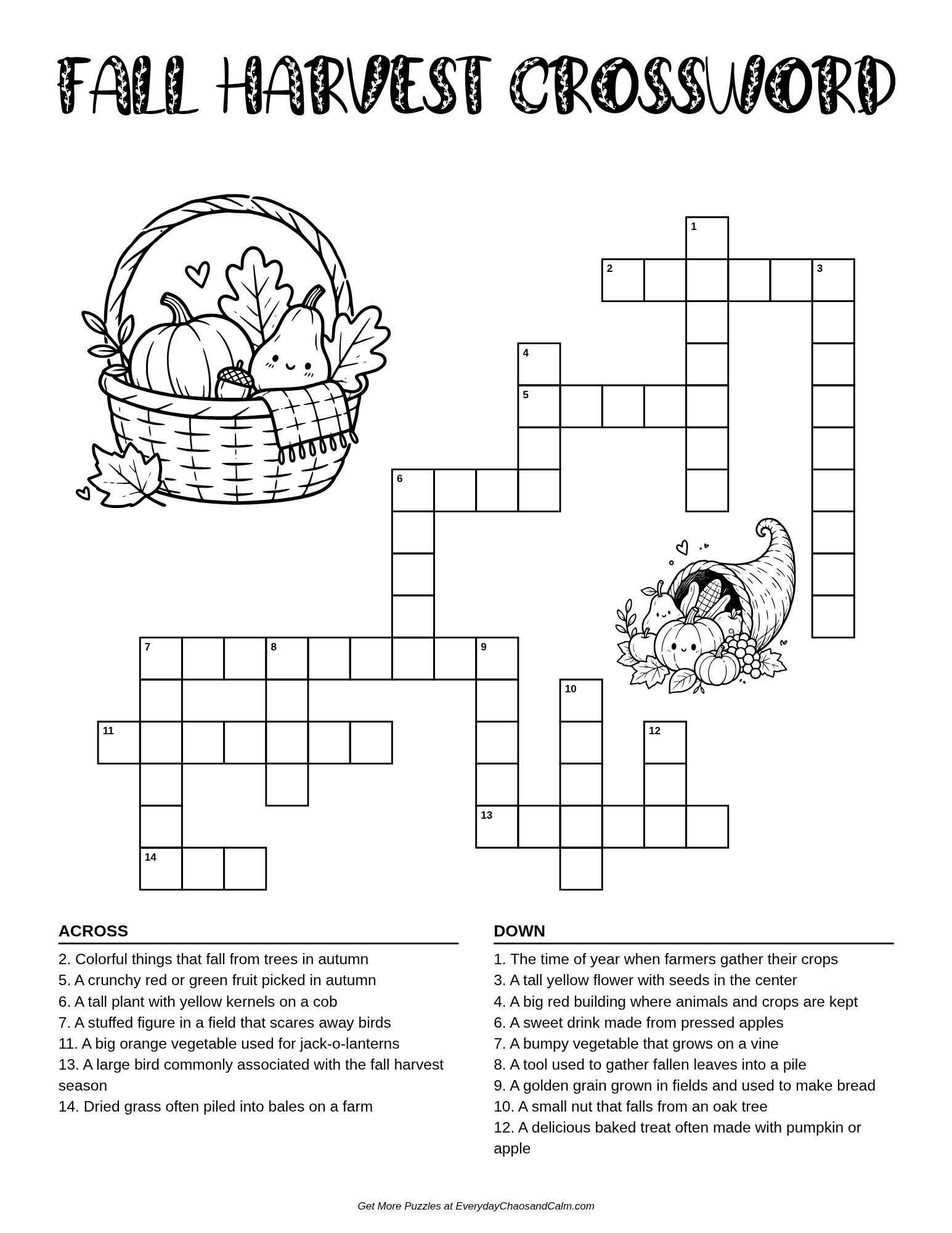 kids autumn crossword puzzles, seasonal vocabulary activity, educational fall harvest worksheet, PDF, instant download