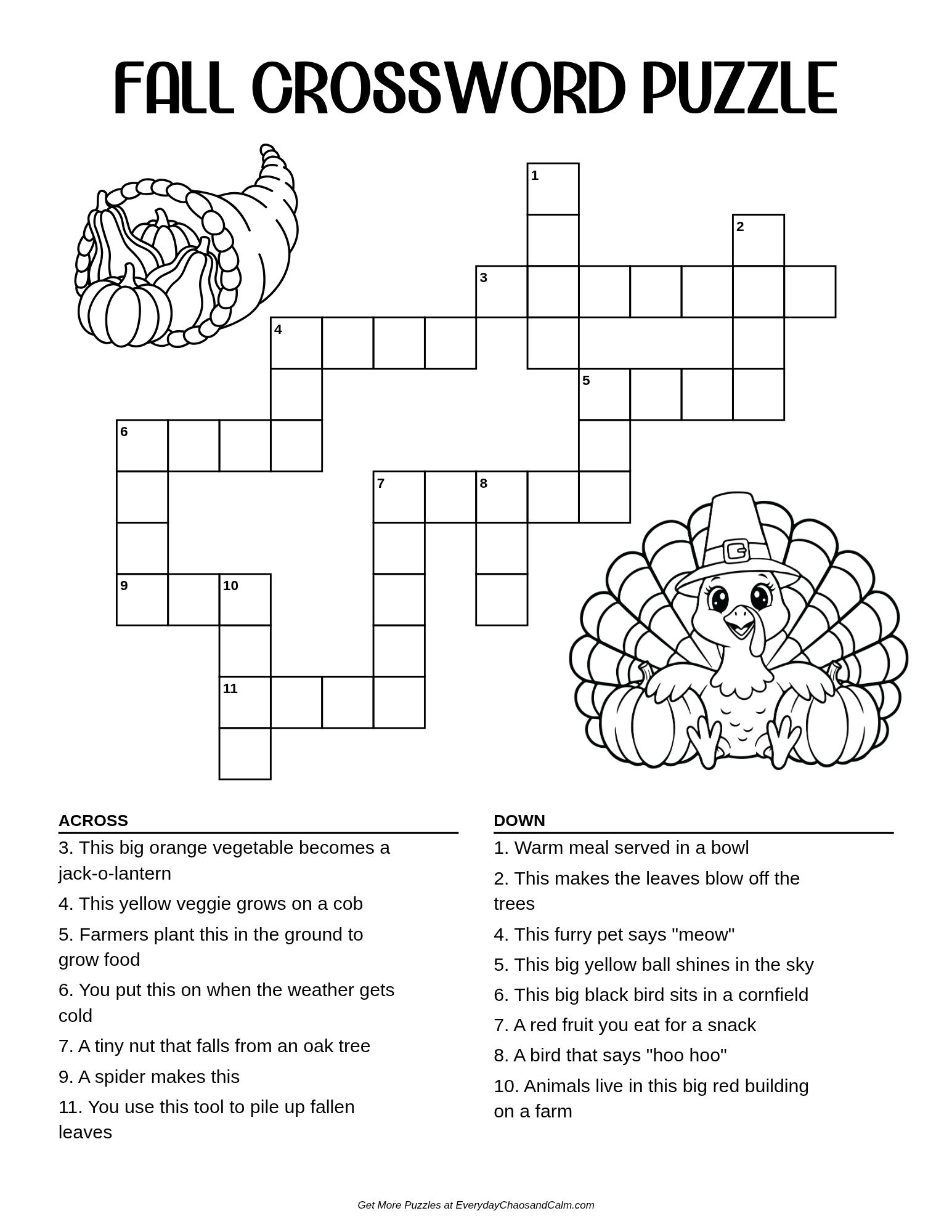 fall themed crossword puzzle, seasonal brain teaser for students, autumn holiday activity page, PDF, instant download