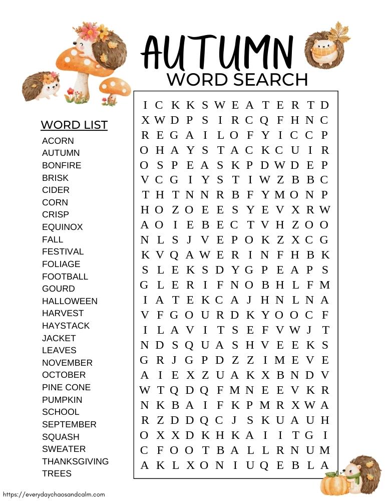 Free Printable Fall Word Searches For Kids