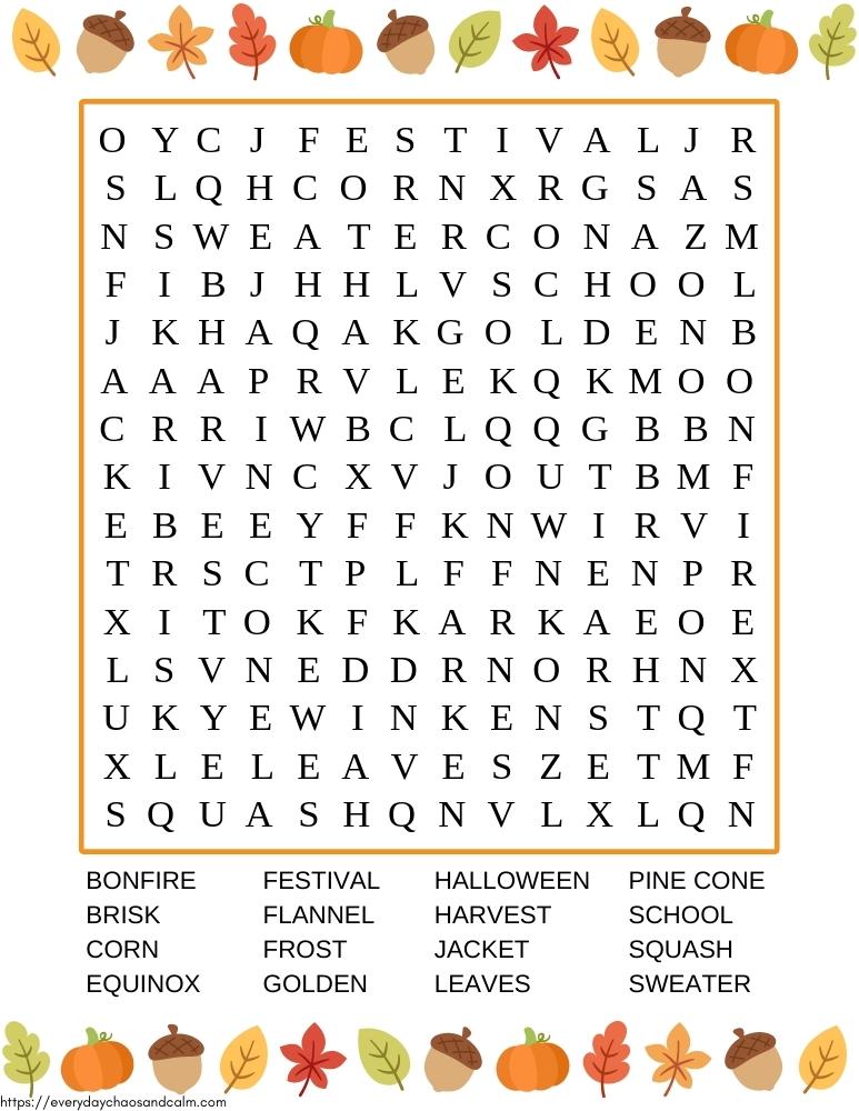 printable Fall word searches, PDF, instant download