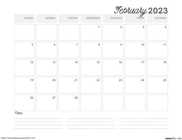 printable February 2023 calendar- sunday start