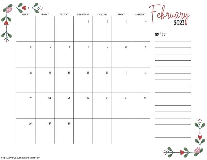 printable February 2023 calendar- sunday start