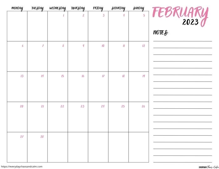 printable February 2023 calendar- monday start