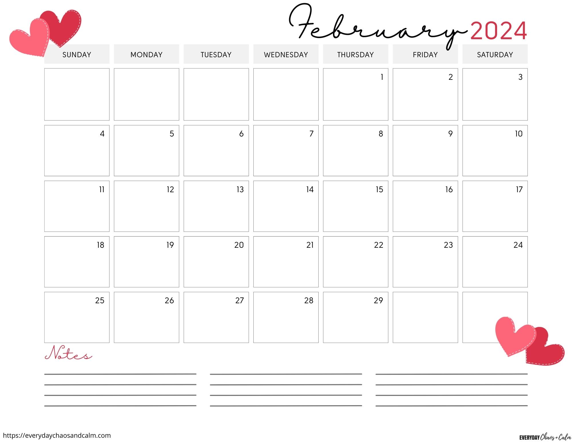printable February 2024 calendar- sunday start