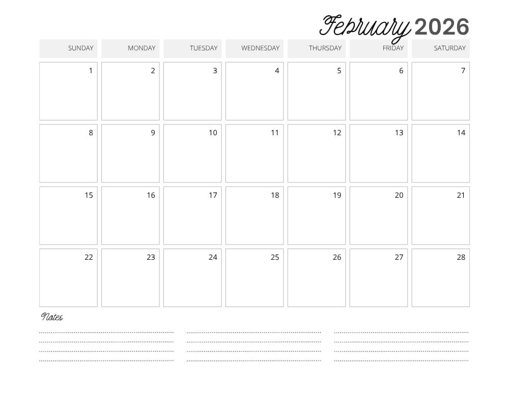 printable February 2026 calendar- sunday start
