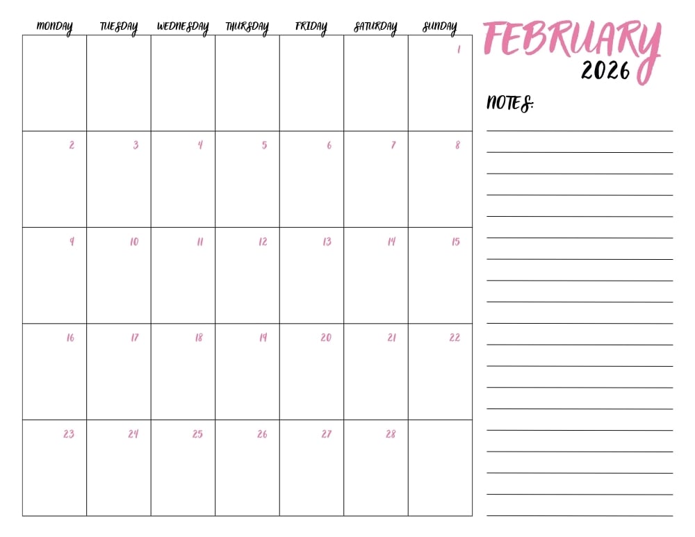printable February 2026 calendar- monday start