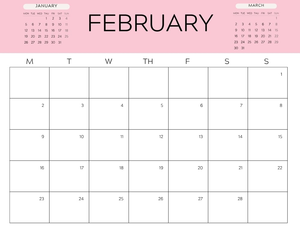 printable February 2026 calendar- monday start