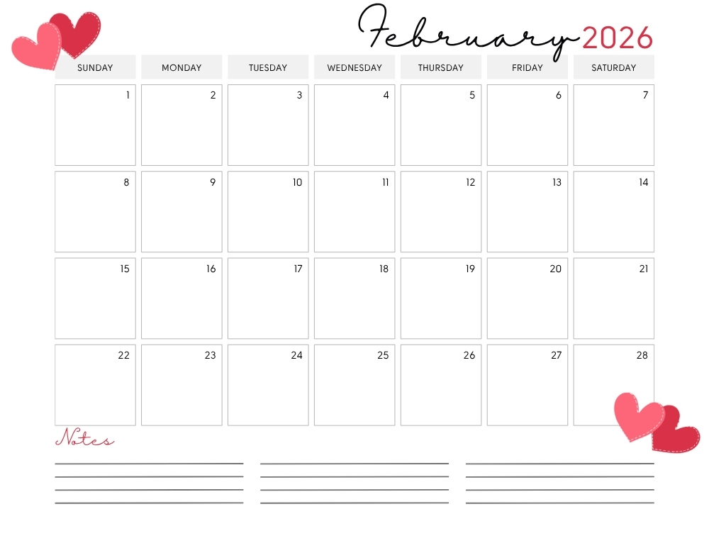 printable February 2026 calendar- sunday start