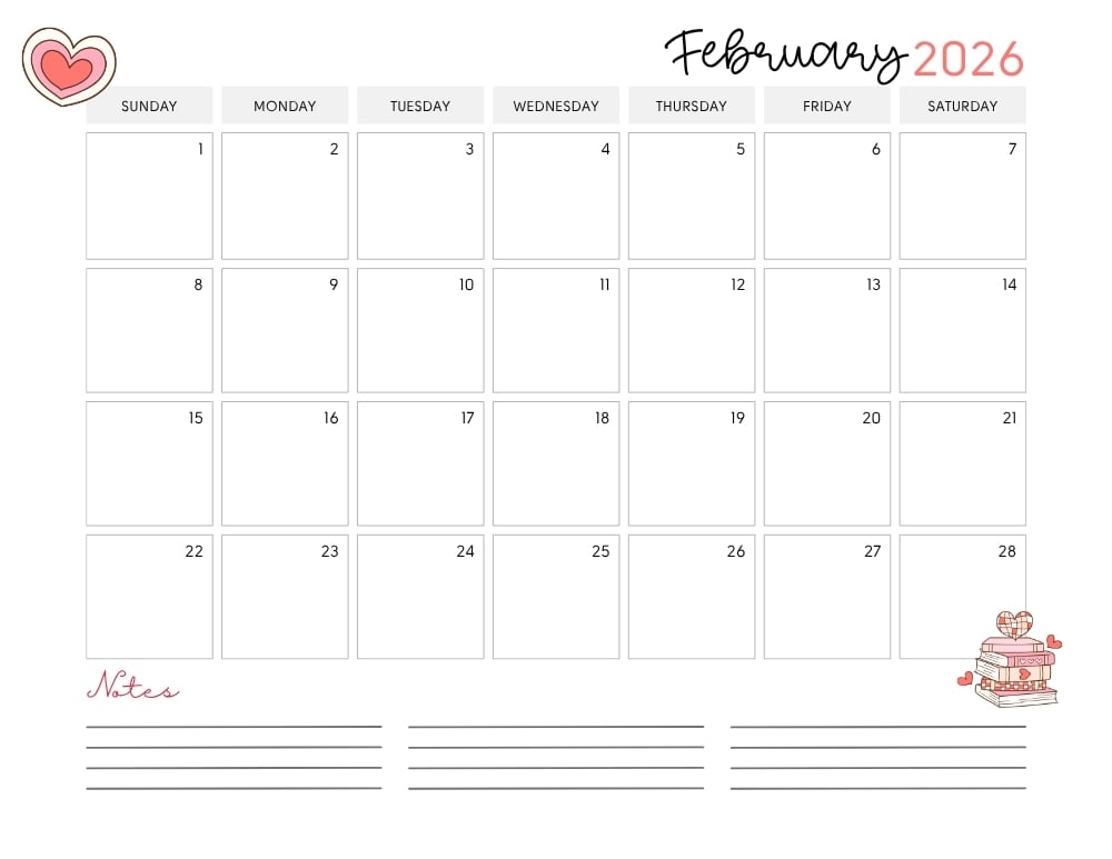printable February 2026 calendar- sunday start
