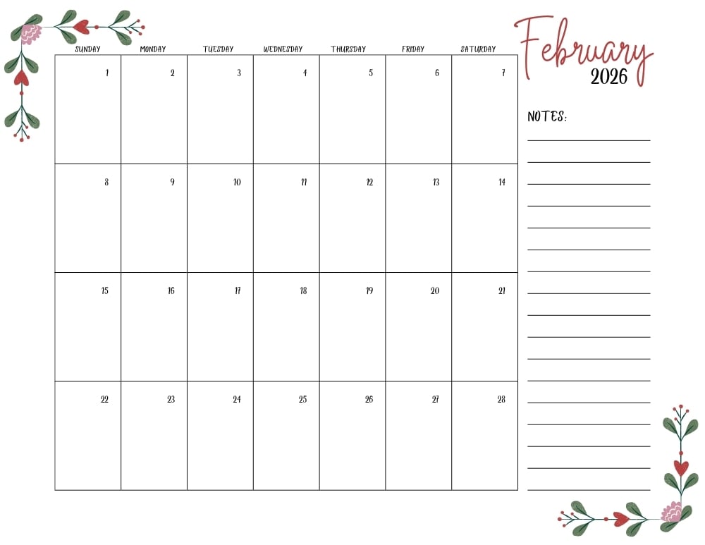 printable February 2026 calendar- sunday start