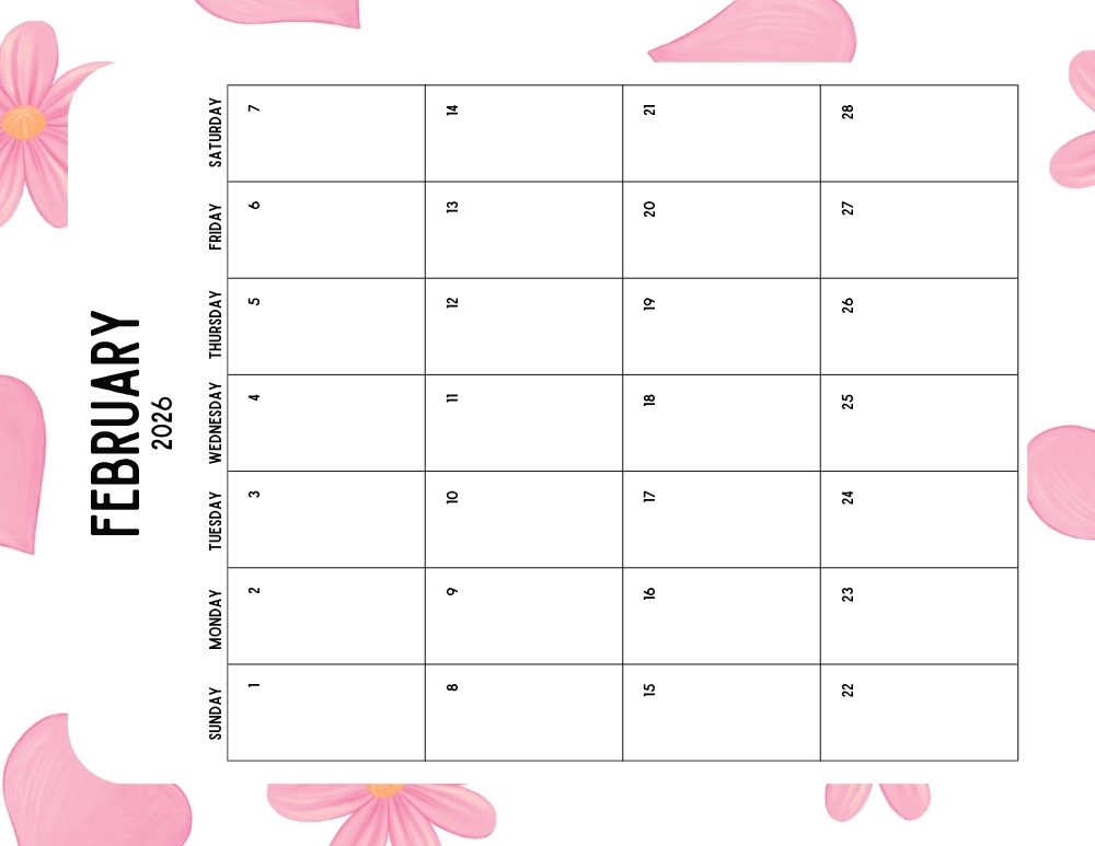 vertical printable February 2026 calendar- sunday start