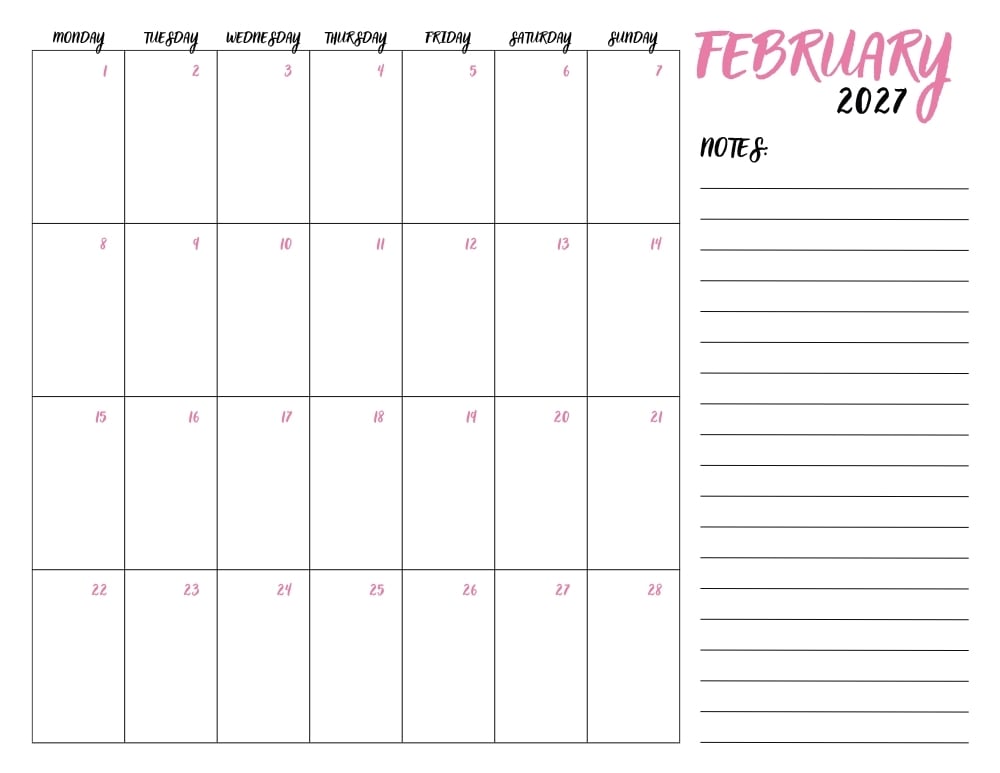 printable February 2027 calendar- monday start