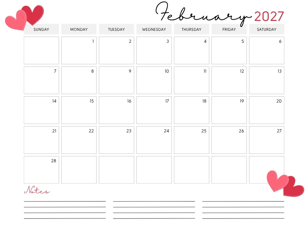 printable February 2027 calendar- sunday start