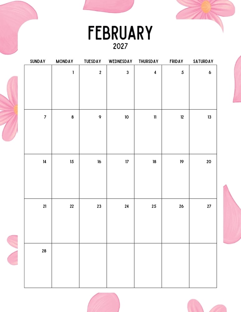 vertical printable February 2027 calendar- sunday start