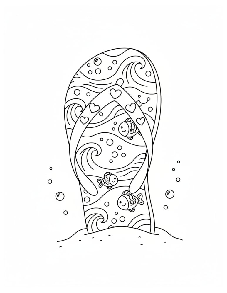 flip flop coloring page, summer footwear activity for kids, printable beach theme sheet, PDF, instant download