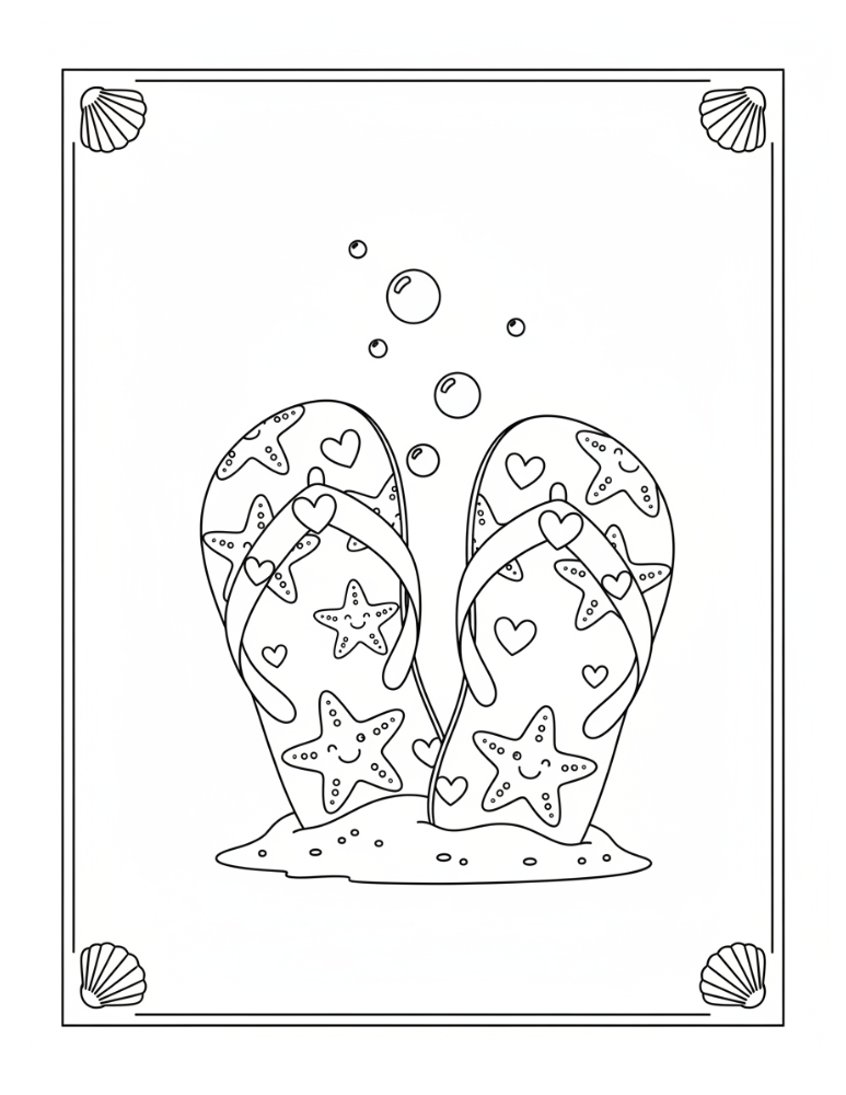 decorative flip flop coloring page, intricate summer style pattern, student reward page, PDF, instant download