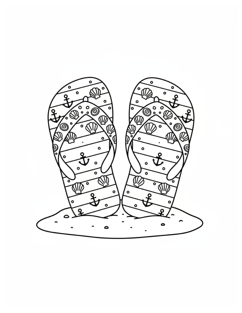 whimsical flip flop coloring page, summer season design, educational coloring display, PDF, instant download