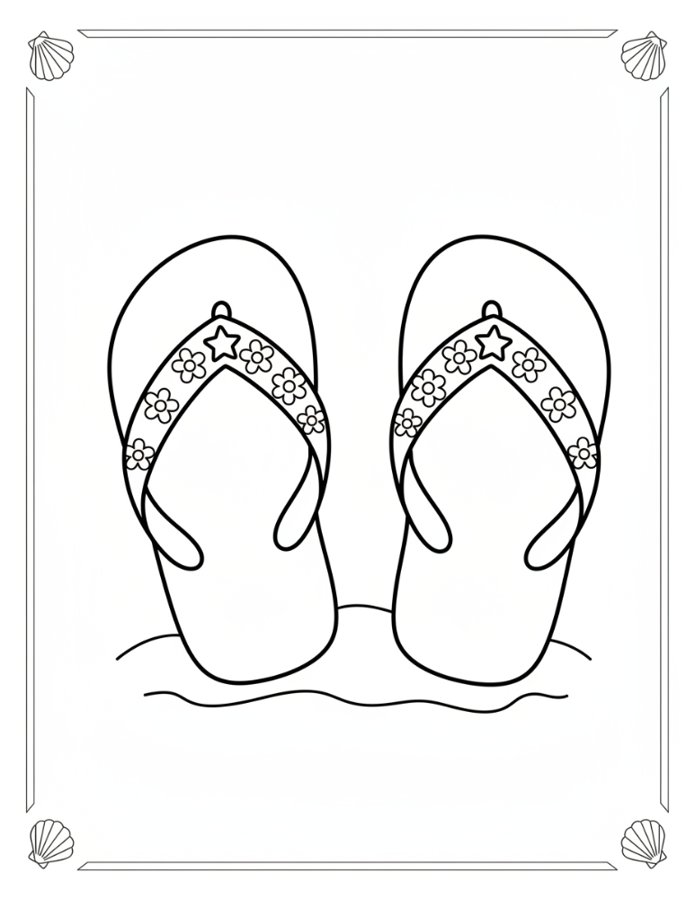 printable flip flop coloring sheet, summer vacation activity, kids seasonal craft page, PDF, instant download