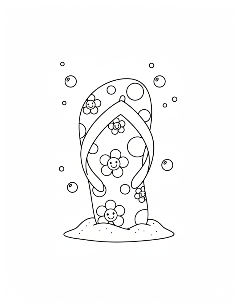 flip flop design coloring page, summer themed printable for toddlers, preschool art activity, PDF, instant download