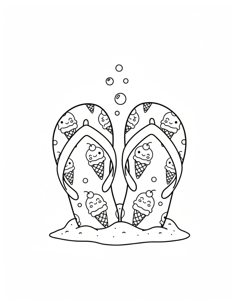 cute flip flop coloring sheet, seasonal summer design, kids holiday printable, PDF, instant download