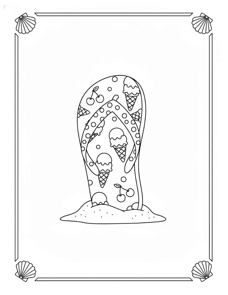summer flip flops coloring page, simple outline template for kids, homeschool art resource, PDF, instant download