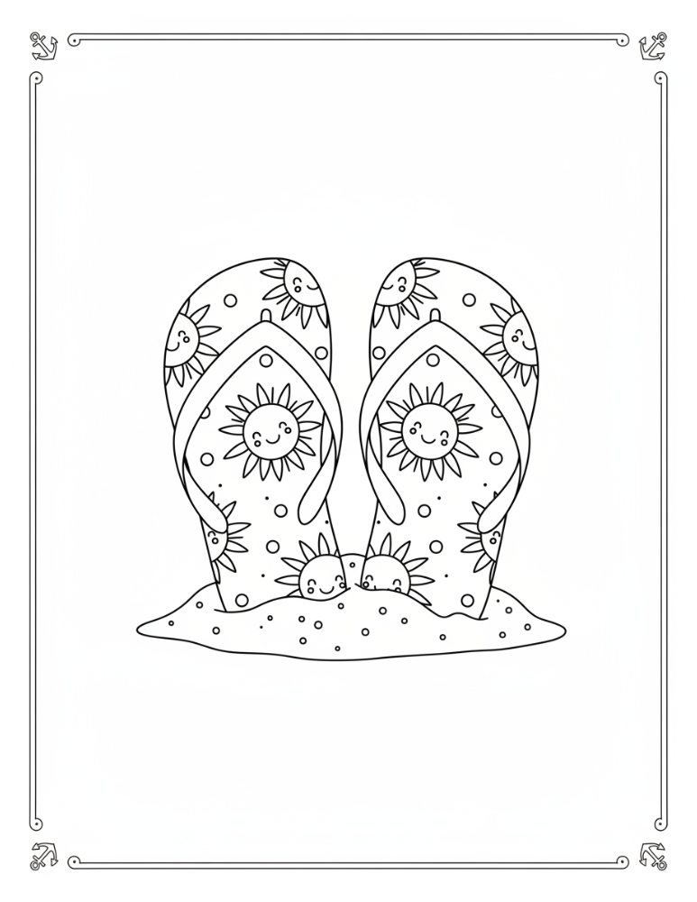 blank flip flop template for coloring, summer camp craft activity, creative drawing sheet, PDF, instant download