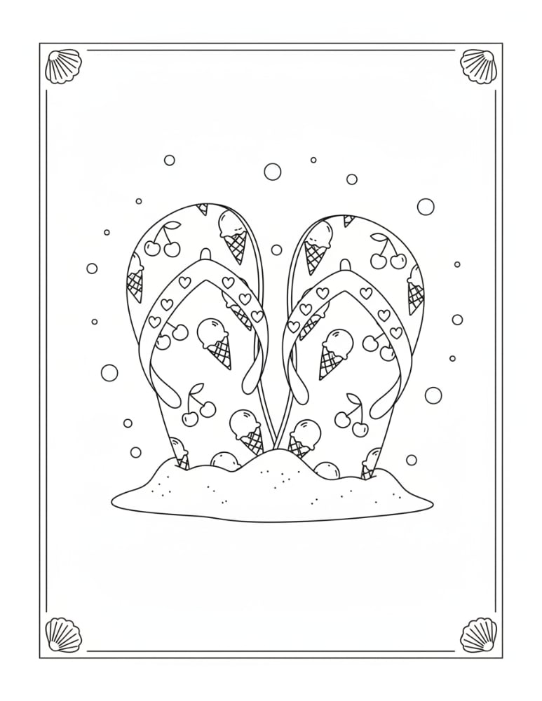 flip flop pattern coloring page, detailed summer design, classroom fine motor skills worksheet, PDF, instant download