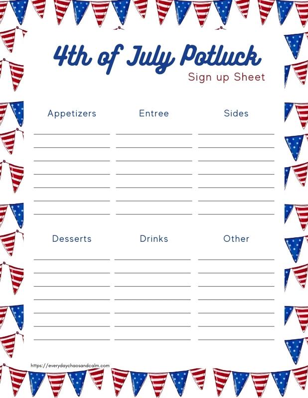 Printable 4th of July Potluck Sign Up Sheet with Categories Free printable 4th of July potluck sign up sheets, pdf, holidays, print, download.