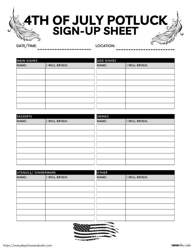 Black and White 4th of July Potluck Sign Up Sheet Free printable 4th of July potluck sign up sheets, pdf, holidays, print, download.