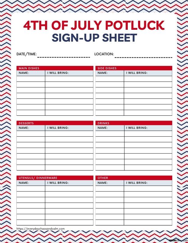 Printable 4th of July Potluck Sign-Up Sheet with Categories Free printable 4th of July potluck sign up sheets, pdf, holidays, print, download.