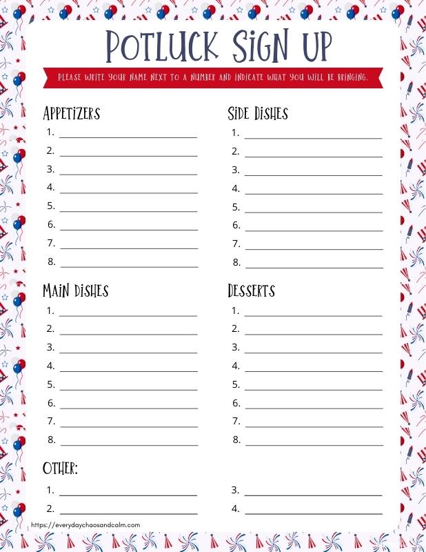 Printable 4th of July Potluck Signup Sheet with Categories Free printable 4th of July potluck sign up sheets, pdf, holidays, print, download.
