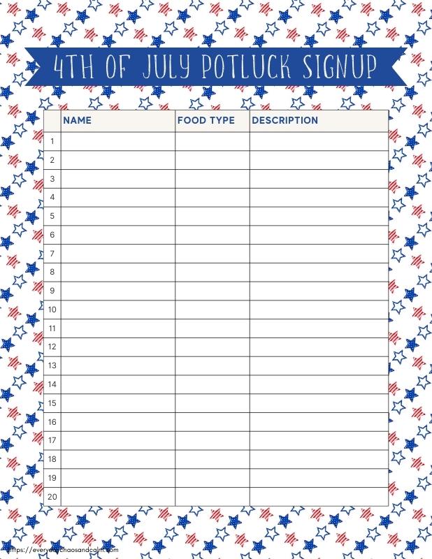 Printable 4th of July Potluck Sign Up List Free printable 4th of July potluck sign up sheets, pdf, holidays, print, download.