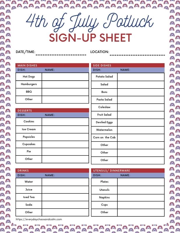 Printable 4th of July Potluck Sign Up Sheet With Food List Free printable 4th of July potluck sign up sheets, pdf, holidays, print, download.
