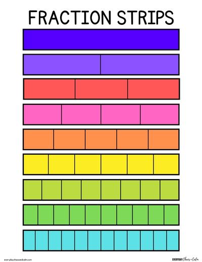 Printable Color Fraction Strips with Labels Free printable fraction strips, for learning fractions, equivalent numbers, identifying fractions, pdf, elementary grades, print, download.