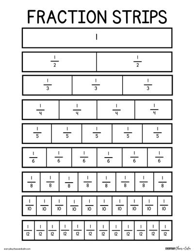 Printable Black and White Fraction Strips with Labels Free printable fraction strips, for learning fractions, equivalent numbers, identifying fractions, pdf, elementary grades, print, download.