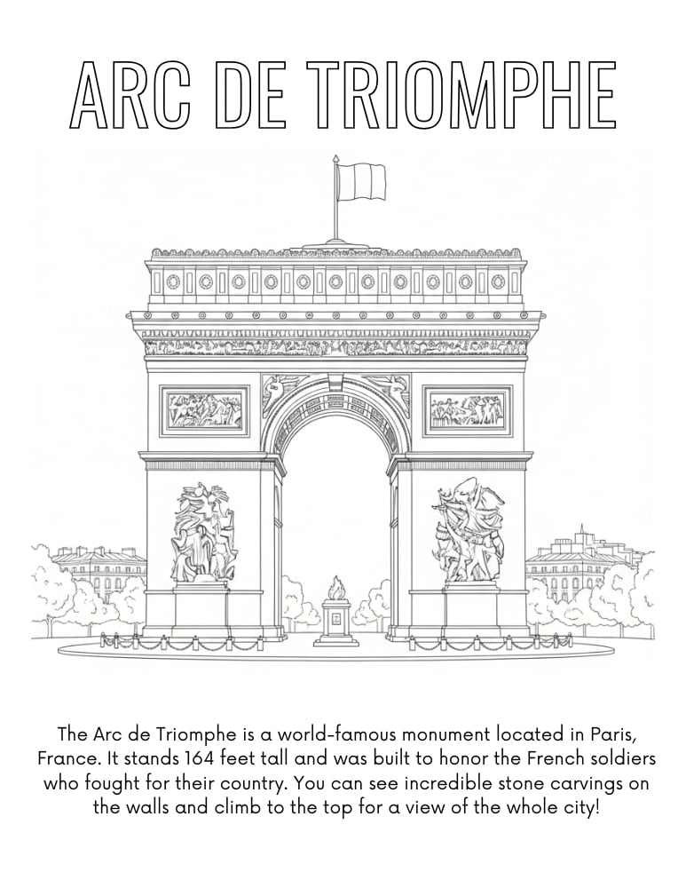 Arc de Triomphe coloring page, Paris landmark printable, historic France coloring page, PDF, instant download
