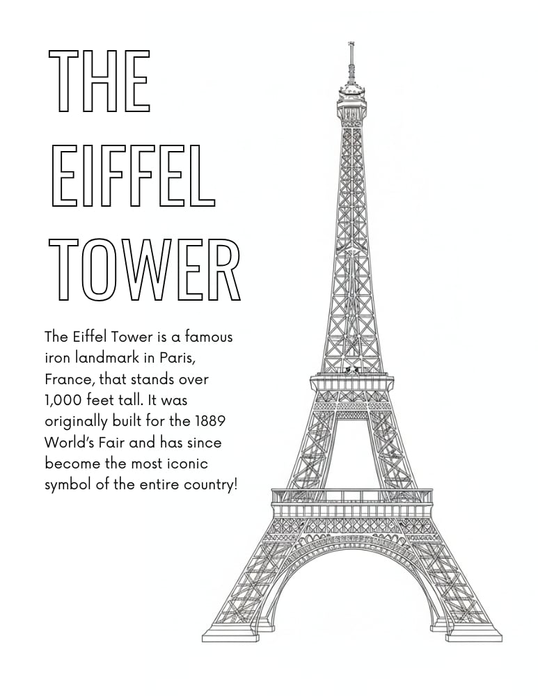 Eiffel Tower coloring page, Paris scenery printable, iconic France coloring page, PDF, instant download